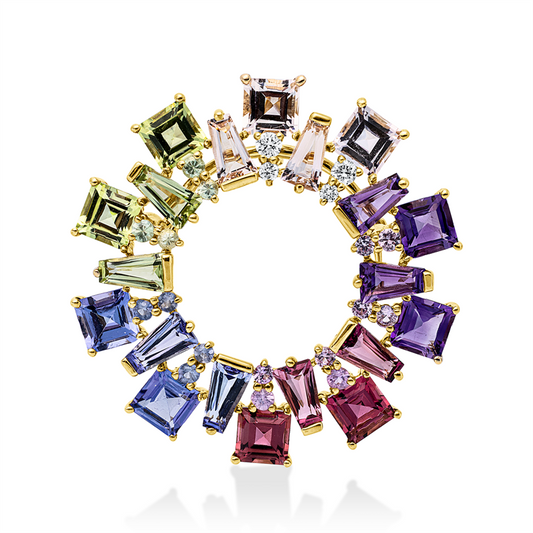Brosche 18 kt GG, 4 Brill. 0,09 ct, TW-si, 32 Farbsteine 6,83 ct multicolor, 4 Tsavorith 0,12 ct grün