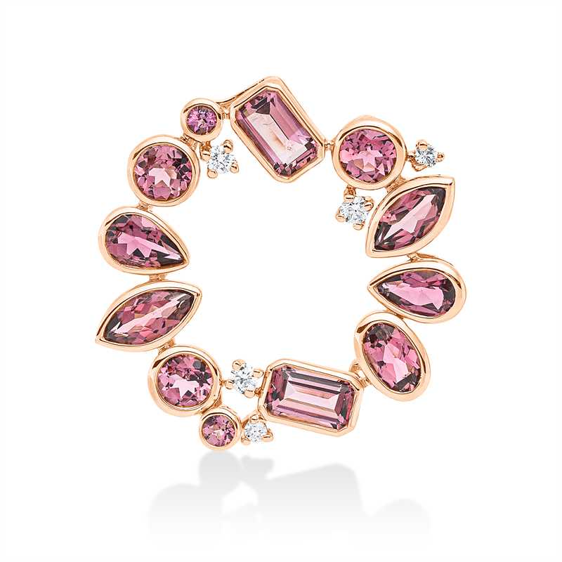 Anhänger 18 kt RG, 5 Brill. 0,10 ct, TW-si, 7 Turmalin 2,00 ct pink, 5 Turmalin 0,70 ct pink