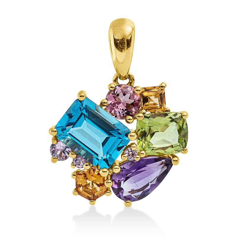 Anhänger 18 kt GG, mit Öse, 6 Farbsteine  4,30 ct multicolor, 3 Saphire 0,18 ct pink