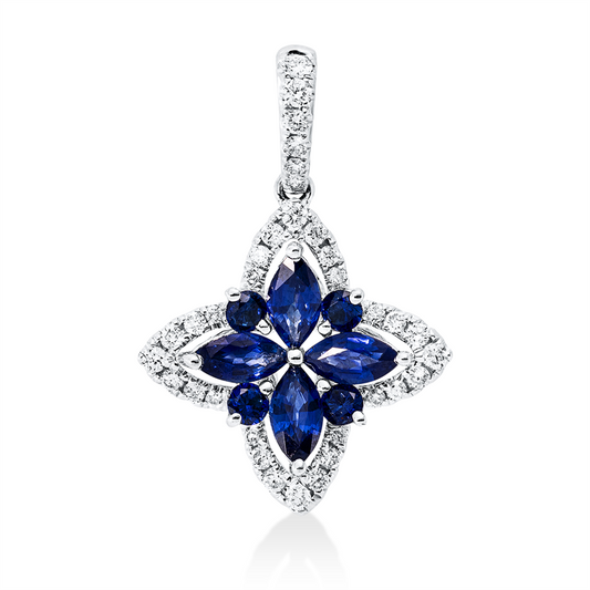 Anhänger 18 kt WG, mit Öse, 4 Saphire 0,16 ct blau, 4 Saphire 0,65 ct blau, 34 Brill. 0,19 ct, TW-si