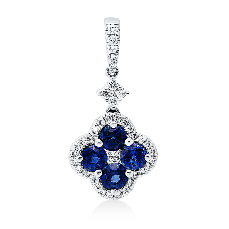 Anhänger 18 kt WG, mit Öse, 4 Saphire 1,10 ct blau, 40 Brill. 0,29 ct, TW-si