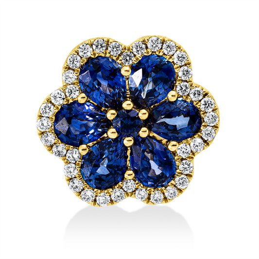 Anhänger 18 kt GG, 1 Saphir 0,05 ct blau, 6 Saphire 1,55 ct blau, 36 Brill. 0,18 ct, TW-si