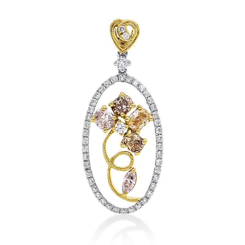 ABVERKAUF Anhänger 18 kt WG+GG+RG, 46 Brill. 0,45 ct, TW-si, 5 Fant-Schl. 0,76 ct, fancy