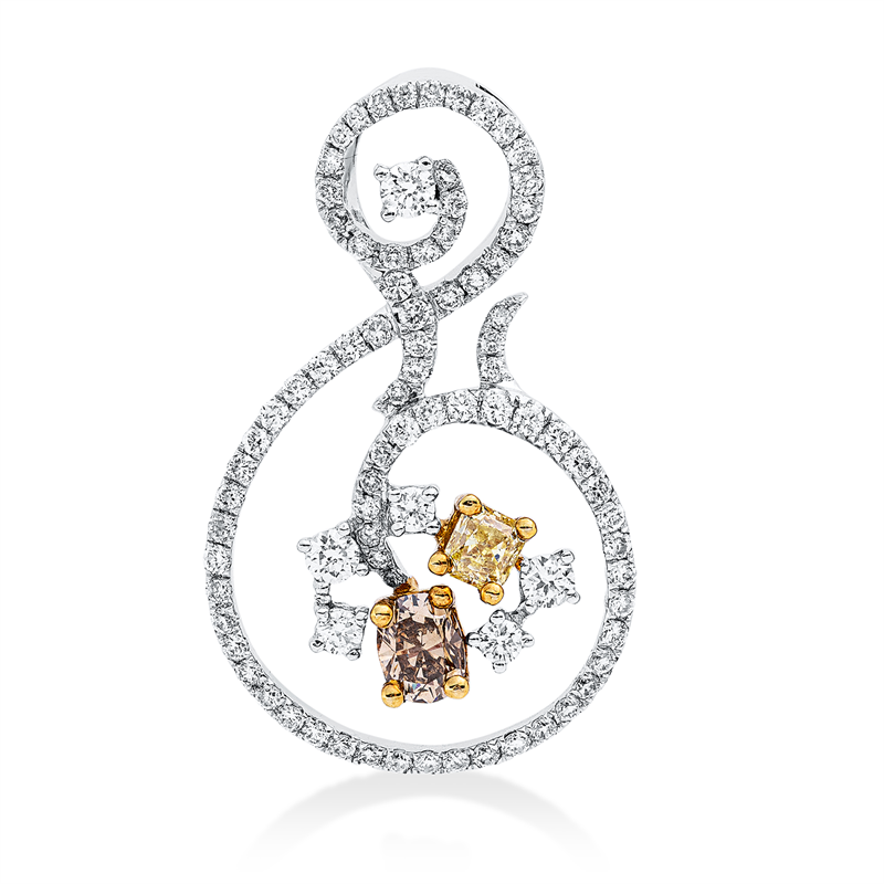 Anhänger 18 kt WG, 85 Brill. 0,69 ct, TW-si, 2 Fant-Schl. 0,47 ct, fancy