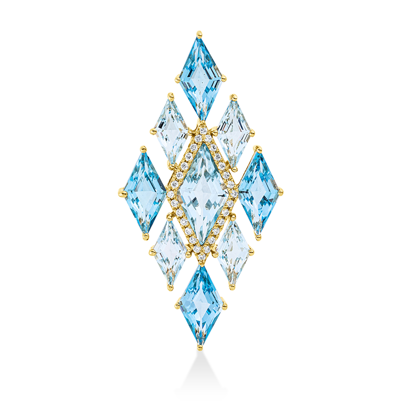 Anhänger 18 kt GG, 28 Brill. 0,12 ct, TW-si, 5 Topase 3,50 ct sky blue, 4 Topase 3,70 ct blau