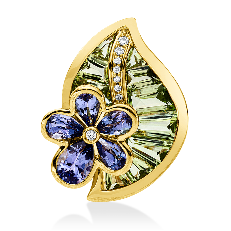 Brosche 18 kt GG, 9 Brill. 0,04 ct, TW-si, 10 Peridot 2,60 ct grün, 5 Tansanit 1,40 ct blau