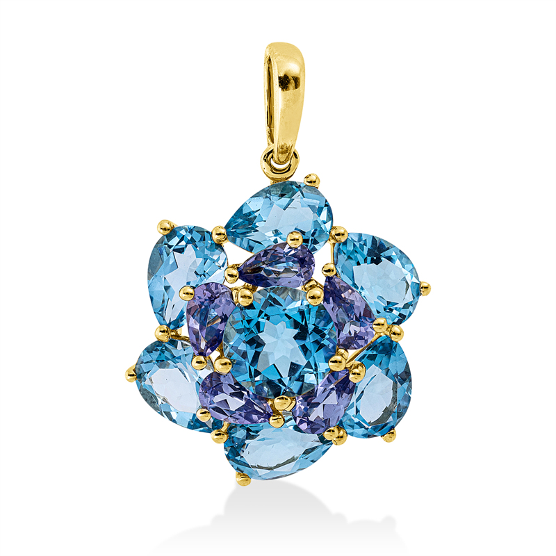 Anhänger 18 kt GG, 6 Tansanit 5,00 ct blau, 1 Topas 1,70 ct blau, 5 Tansanit 1,00 ct blau