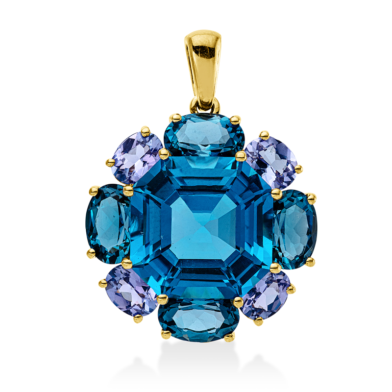 Anhänger 18 kt GG, mit Öse, 4 Topase 3,80 ct Lond. blue, 1 Topas 9,80 ct blau, 4 Tansanit 1,60 ct blau