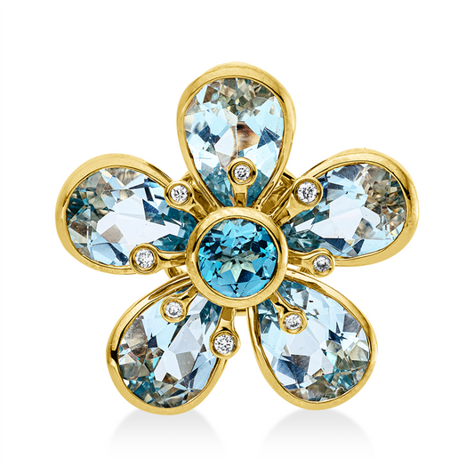 Anhänger 18 kt GG, 8 Brill. 0,04 ct, TW-si, 1 Topas 0,40 ct blau, 5 Topase 4,20 ct sky blue