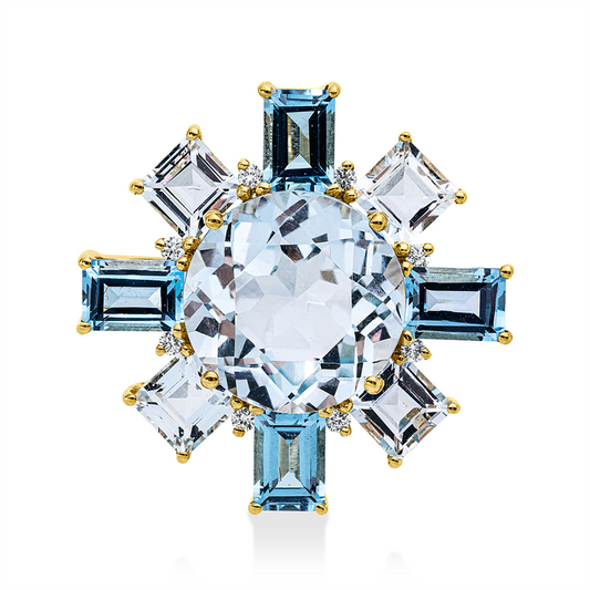 Anhänger 18 kt GG, 8 Brill. 0,08 ct, TW-si, 5 Topase 8,40 ct sky blue, 4 Topase 1,80 ct blau