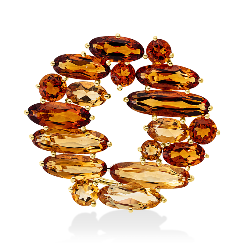 Brosche 18 kt GG, brooch & pendant, 10 Citrin 4,10 ct mandarin, 8 Citrin 3,90 ct gelb