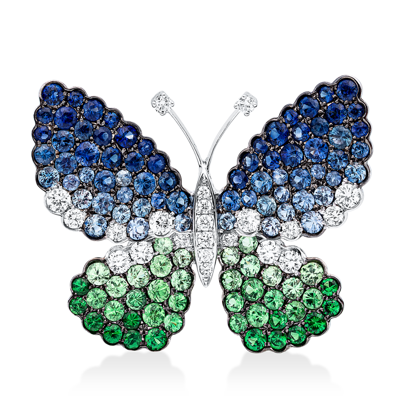 Anhänger 18 kt WG, 22 Brill. 0,79 ct, TW-vsi/si, 70 Saphire 3,40 ct blau, 42 Tsavorith 2,19 ct grün