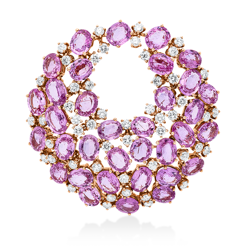 Anhänger 18 kt RG, 50 Brill. 3,77 ct, TW-si, 34 Saphire 36,57 ct pink