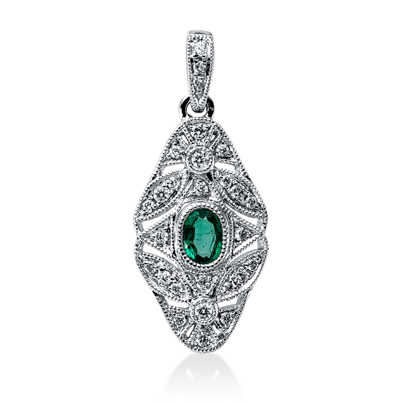 Anhänger 18 kt WG, mit Öse, 27 Brill. 0,12 ct, I-si/pi, 1 Smaragd 0,13 ct grün