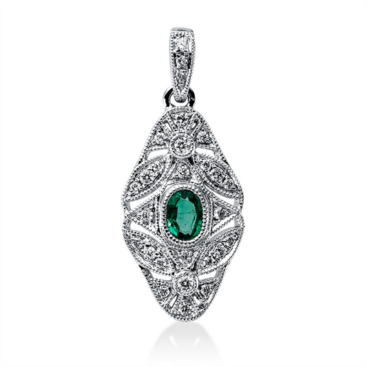 Anhänger 18 kt WG, mit Öse, 27 Brill. 0,12 ct, I-si/pi, 1 Smaragd 0,13 ct grün