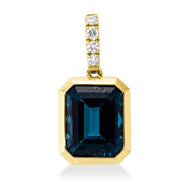 Anhänger 18 kt GG, mit Öse, 4 Brill. 0,10 ct, TW-si, 1 Blautopas 4,30 ct Lond. blue