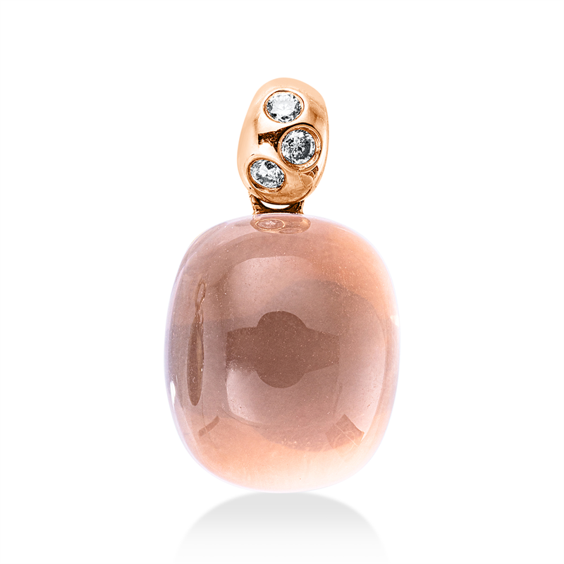 Anhänger 18 kt RG, mit Öse, 3 Brill. 0,05 ct, TW-si, 1 Rosenquarz 6,25 ct rosé