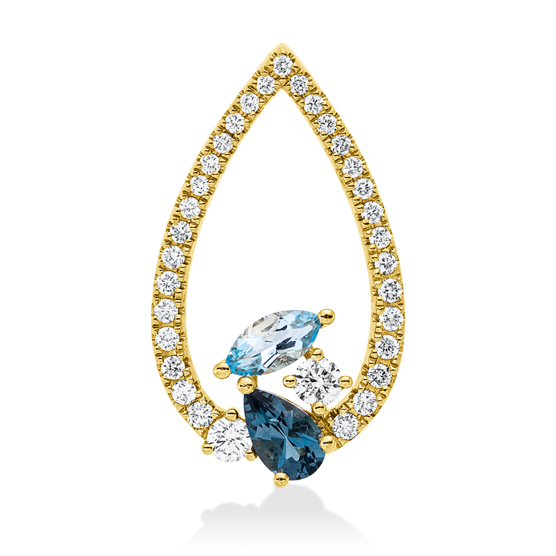 Anhänger 14 kt GG, 2 Brill. 0,08 ct, 31 Brill. 0,18 ct, W-si/pi, 1 Topas 0,18 ct, 1 Topas 0,25 ct Lond. blue