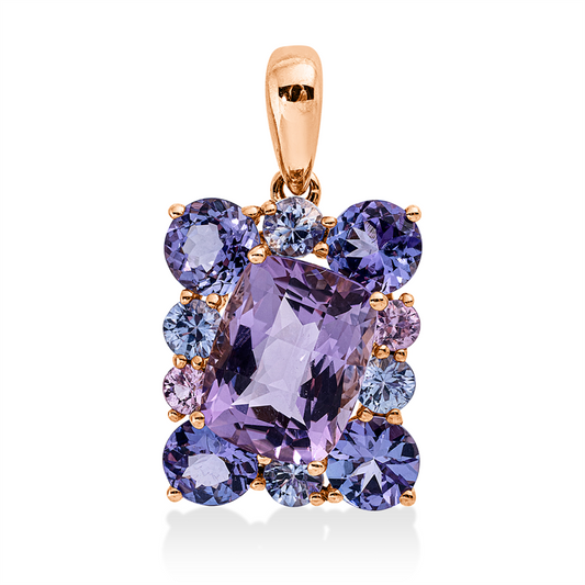 Anhänger 18 kt RG, 6 Saphire 0,69 ct multicolor , 4 Tansanit 1,70 ct blau, 1 Amethyst 2,20 ct pink