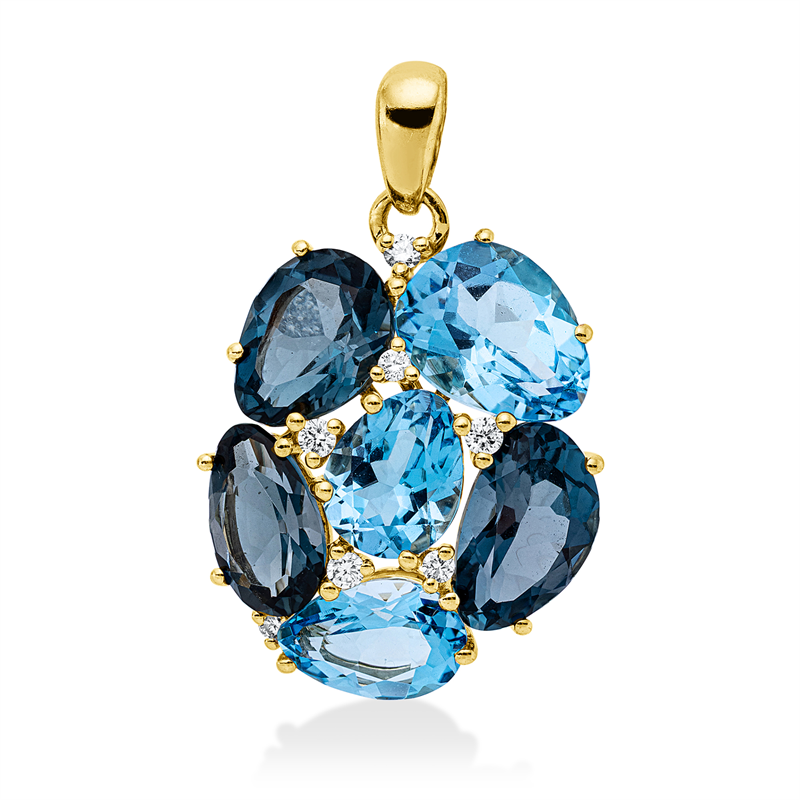 Anhänger 18 kt GG, mit Öse, 7 Brill. 0,11 ct, TW-si, 3 Topase 3,80 ct blau, 3 Topase 3,70 ct Lond. blue