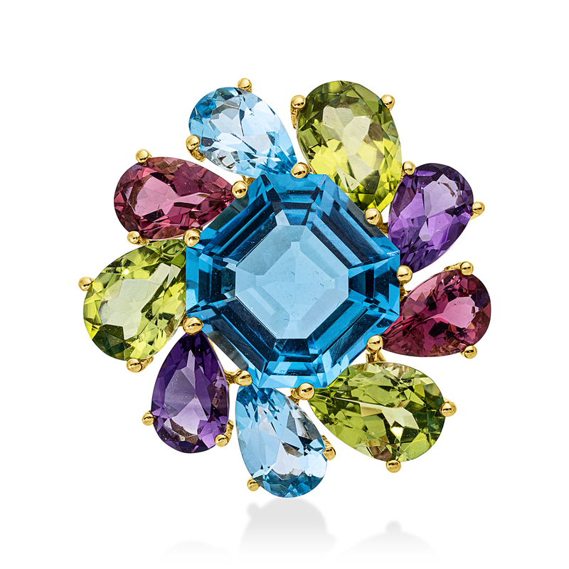 Anhänger 18 kt GG, 9  Farbsteine 9,70 ct multicolor, 1 Topas 8,40 ct blau