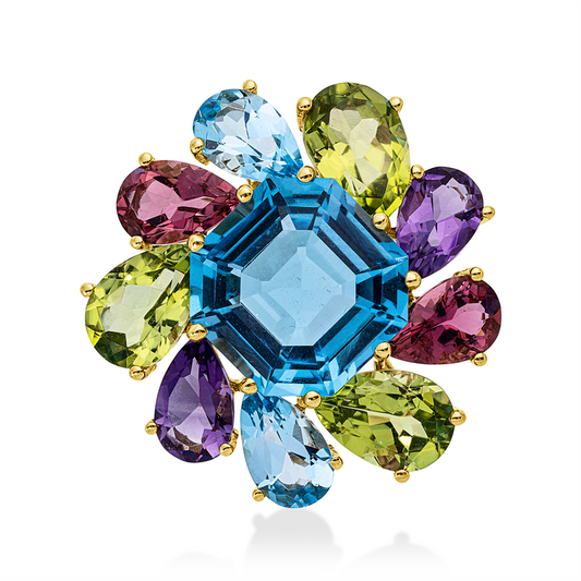 Anhänger 18 kt GG, 9  Farbsteine 9,70 ct multicolor, 1 Topas 8,40 ct blau