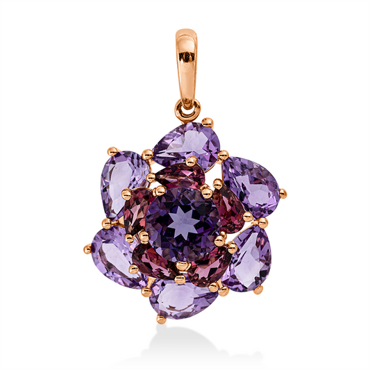 Anhänger 18 kt RG, mit Öse, 5 Turmalin 1,00 ct pink, 1 Amethyst 1,40 ct lila, 6 Amethyste 3,80 ct pink