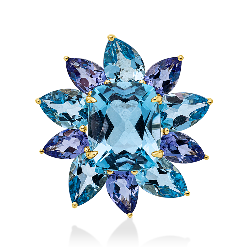 Anhänger 18 kt GG, 5 Topase 3,90 ct blau, 1 Topas 5,10 ct blau, 5 Tansanit 2,20 ct blau