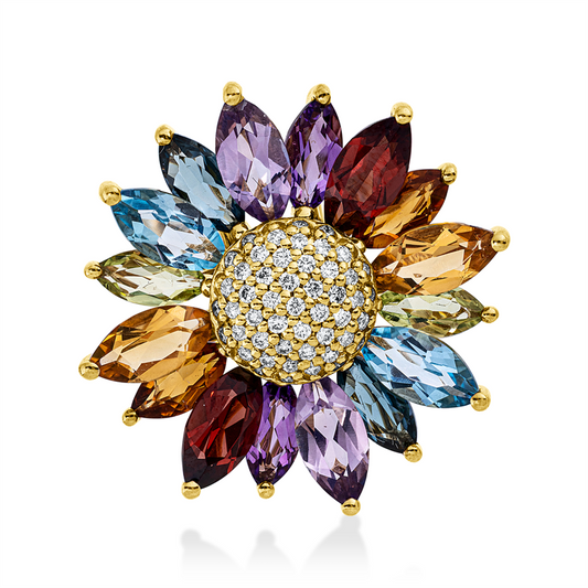 Anhänger 18 kt GG, 49 Brill. 0,22 ct, TW-si, 16 Farbsteine 5,20 ct multicolor