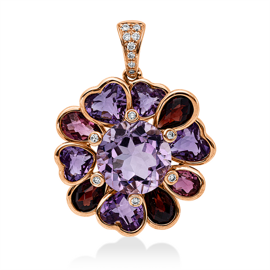 Anhänger 18 kt RG, 14 Brill. 0,10 ct, TW-pi, 1 Amethyst 3,80 ct pink, 10 Farbsteine 5,70 ct multicolor