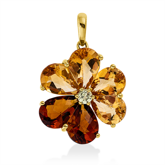 Anhänger 18 kt GG, mit Öse, 4 Citrin 4,50 ct gelb, 2 Citrin 2,50 ct mandarin, 1 Peridot 0,20 ct grün
