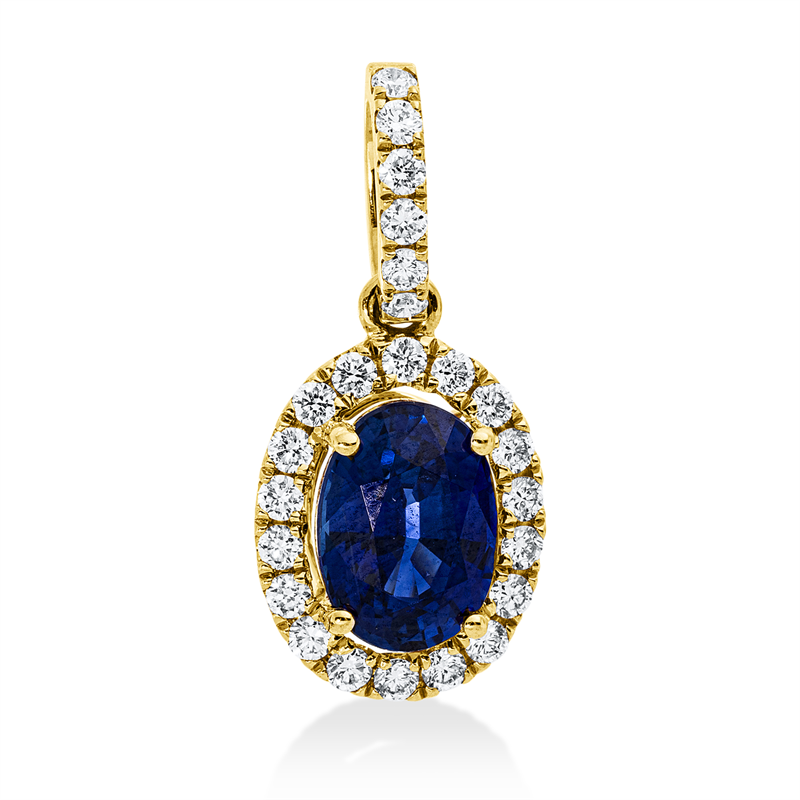 Anhänger 18 kt GG, mit Öse, 24 Brill. 0,20 ct, TW-si, 1 Saphir 1,09 ct blau