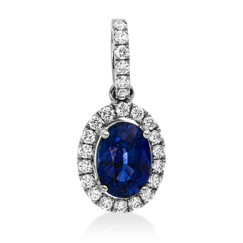 Anhänger 18 kt WG, mit Öse, 24 Brill. 0,20 ct, TW-si, 1 Saphir 0,97 ct blau