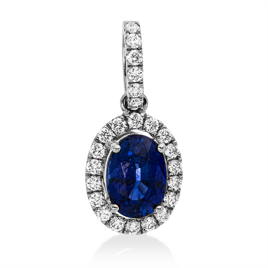 Anhänger 18 kt WG, mit Öse, 24 Brill. 0,20 ct, TW-si, 1 Saphir 0,97 ct blau