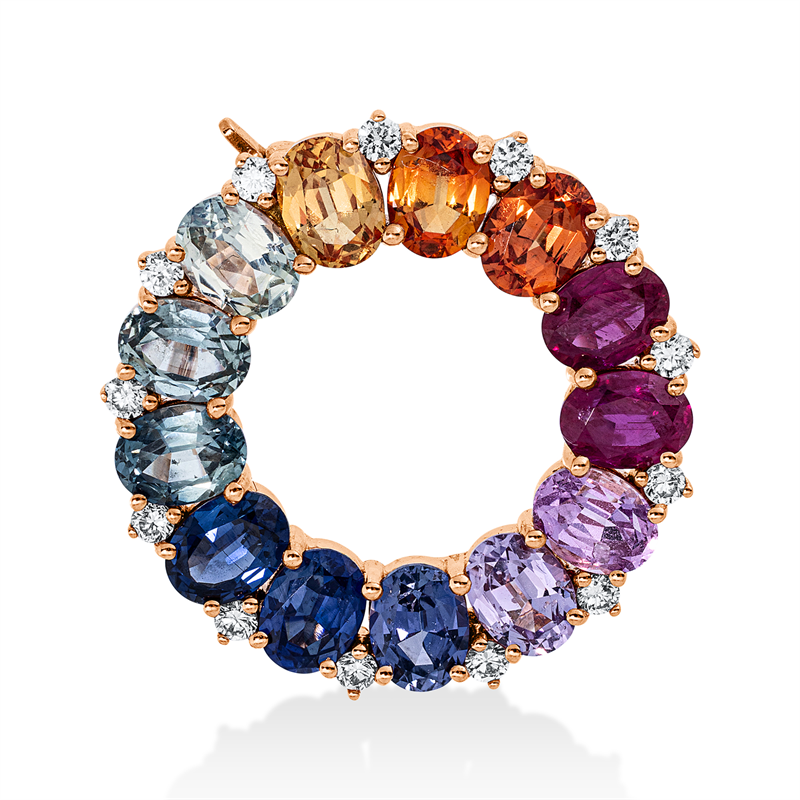 Anhänger 18 kt RG, 13 Brill. 0,13 ct, TW-si, 13 Saphire 2,67 ct multicolor