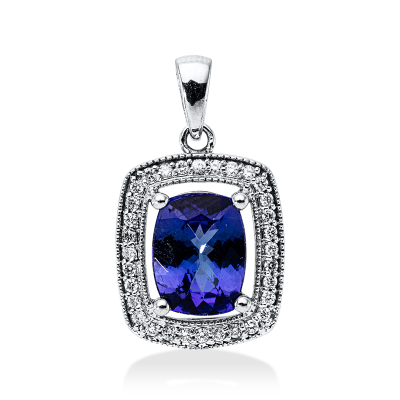 Anhänger 18 kt WG, mit Öse, 32 Brill. 0,17 ct, F-si, 1 Tansanit 2,13 ct blau