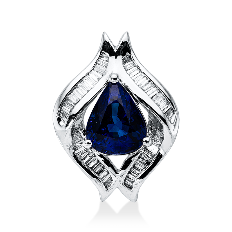 Anhänger 18 kt WG, 38 Trap. 0,36 ct, F-si, 1 Saphir 2,47 ct blau