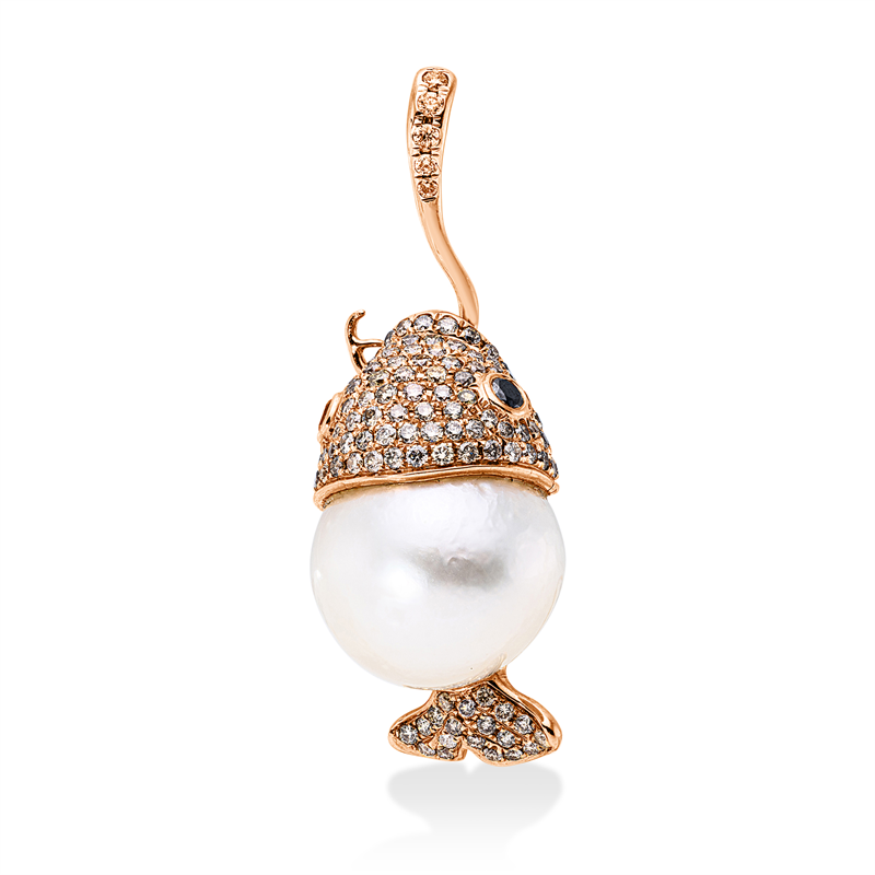 Anhänger 18 kt RG, Fassung rhodiniert, 135 Brill. 1,17 ct, fancy, 1 ZP, barock weiß 14,5 mm