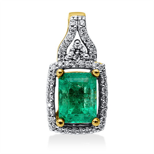 Anhänger 18 kt GG+WG, 43 Brill. 0,19 ct, F-si, 1 Smaragd 1,55 ct grün