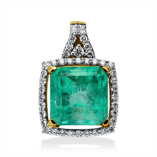 Anhänger 18 kt GG+WG, mit Öse, 41 Brill. 0,42 ct, F-si, 1 Smaragd 5,76 ct grün
