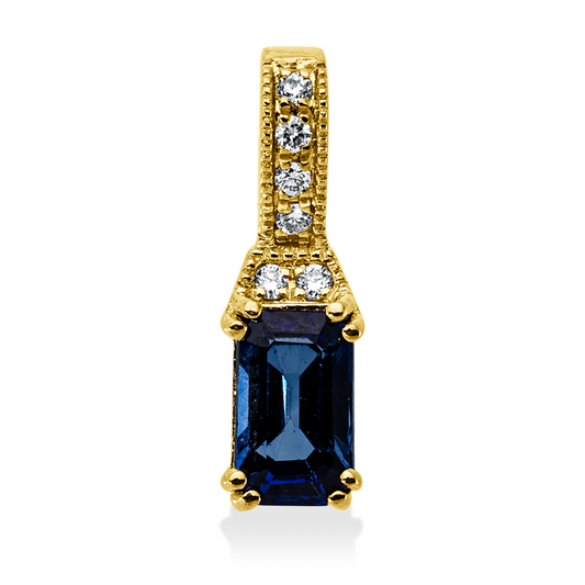 Anhänger 18 kt GG, mit Öse, 6 Brill. 0,02 ct, TW-pi, 1 Saphir 0,36 ct blau