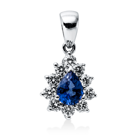 Anhänger 18 kt WG, mit Öse, 10 Brill. 0,26 ct, TW-vsi, 1 Saphir 0,38 ct blau