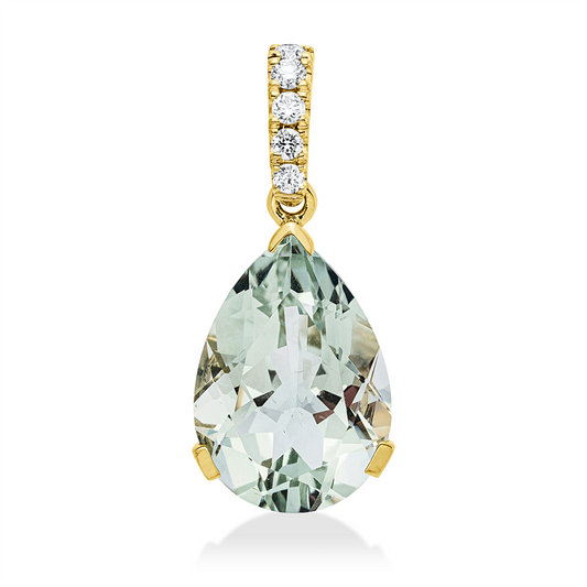 Anhänger 18 kt GG, mit Öse, 5 Brill. 0,11 ct, TW-si, 1 Amethyst 4,50 ct grün