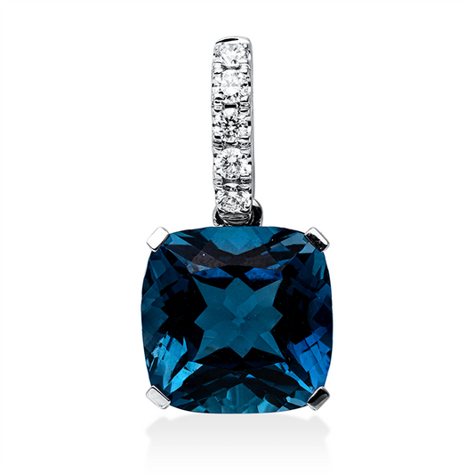 Anhänger 18 kt WG, mit Öse, 5 Brill. 0,12 ct, TW-si, 1 Topas 6,20 ct Lond. blue