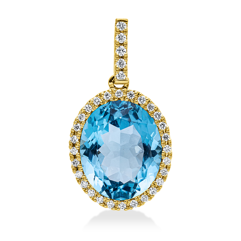 Anhänger 18 kt GG, mit Öse, 33 Brill. 0,15 ct, TW-si, 1 Topas 4,40 ct blau