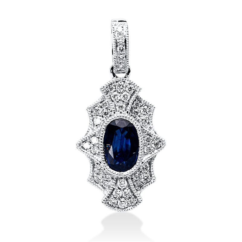 Anhänger 18 kt WG, mit Öse, 39 Brill. 0,13 ct, TW-si, 1 Saphir 0,50 ct blau