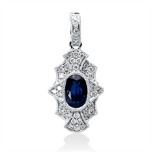 Anhänger 18 kt WG, mit Öse, 39 Brill. 0,13 ct, TW-si, 1 Saphir 0,50 ct blau