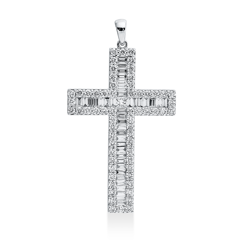 Anhänger 18 kt WG, mit Öse, 39 Bag. 0,58 ct, TW-si, 1 Princ. 0,06 ct, TW-si, 62 Brill. 0,73 ct, TW-si