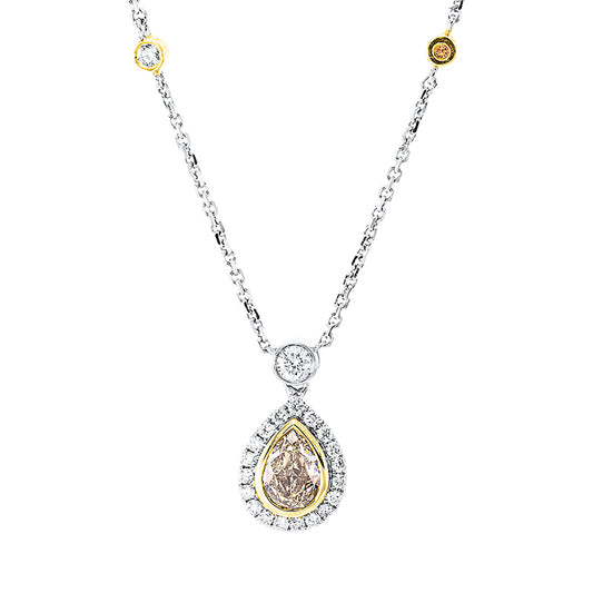 Collier 18 kt WG+GG, 20 Brill. 0,23 ct, TW-si, 1 Tropfen 0,66 ct, gelb, 6 Brill. 0,16 ct, gelb