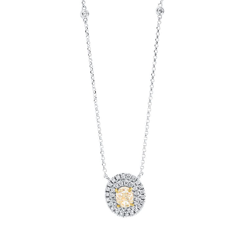 Collier 18 kt WG+GG, mit ZÖ 38 cm, 40.5 cm, 40 Brill. 0,27 ct, TW-si, 1 Oval 0,75 ct, gelb